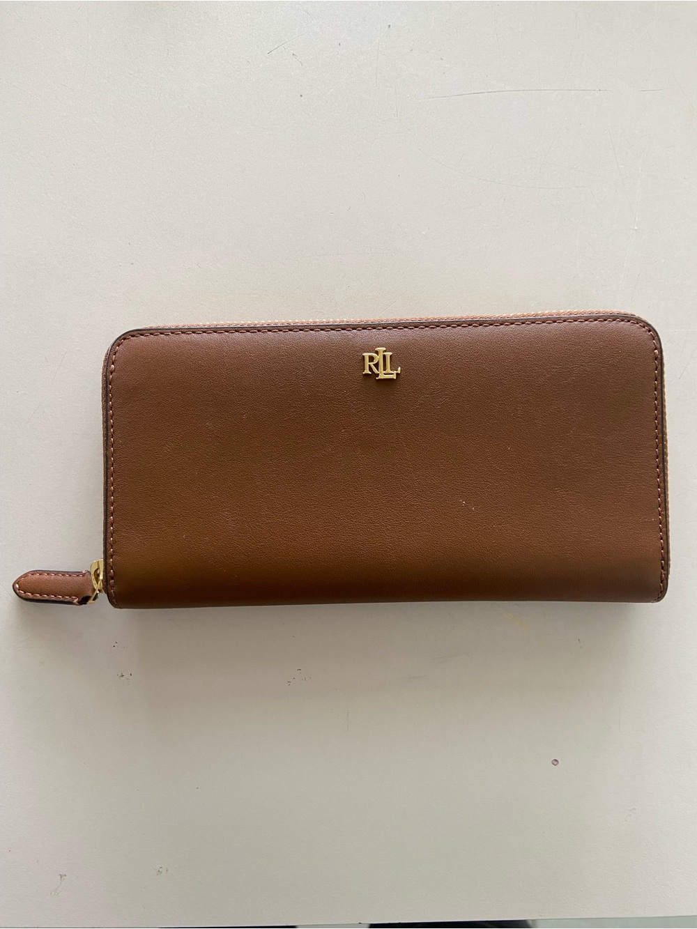 Ralph Lauren Chestnut Leather Zip Wallet with Gold RL Logo